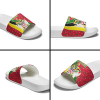 Saint Kitts and Nevis Christmas Slide Sandals with Red Green Black Xmas Monkey Gift and Coat of Arms - Wonder Print Shop