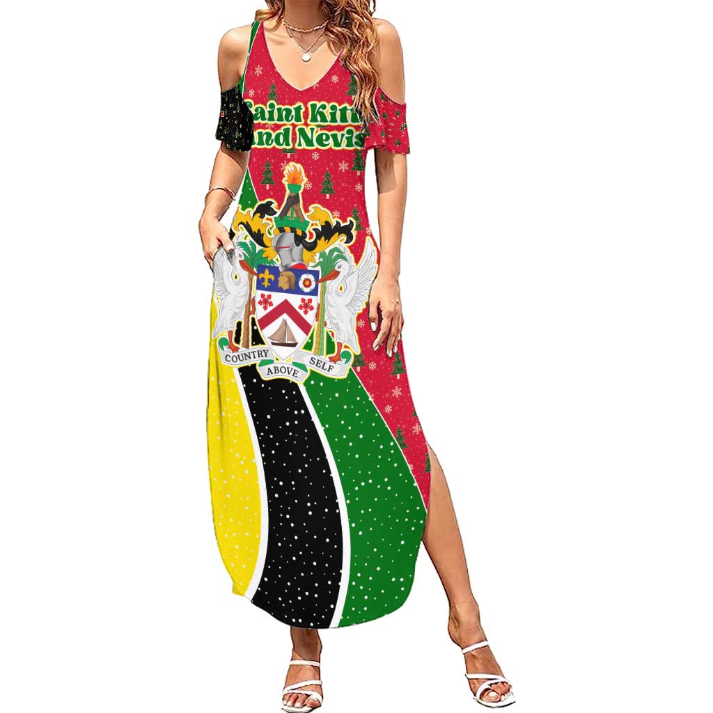 Saint Kitts and Nevis Christmas Summer Maxi Dress with Red Green Black Xmas Monkey Gift and Coat of Arms - Wonder Print Shop
