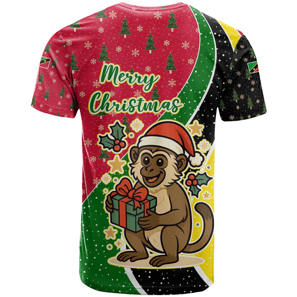 Saint Kitts and Nevis Christmas T Shirt with Red Green Black Xmas Monkey Gift and Coat of Arms - Wonder Print Shop