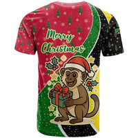 Saint Kitts and Nevis Christmas T Shirt with Red Green Black Xmas Monkey Gift and Coat of Arms - Wonder Print Shop
