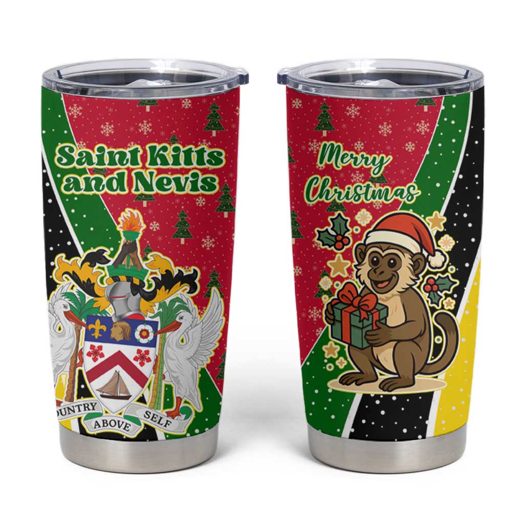Saint Kitts and Nevis Christmas Tumbler Cup with Red Green Black Xmas Monkey Gift and Coat of Arms - Wonder Print Shop