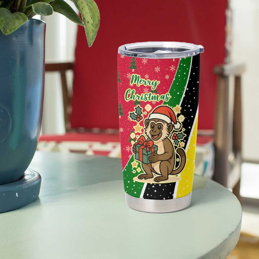 Saint Kitts and Nevis Christmas Tumbler Cup with Red Green Black Xmas Monkey Gift and Coat of Arms - Wonder Print Shop