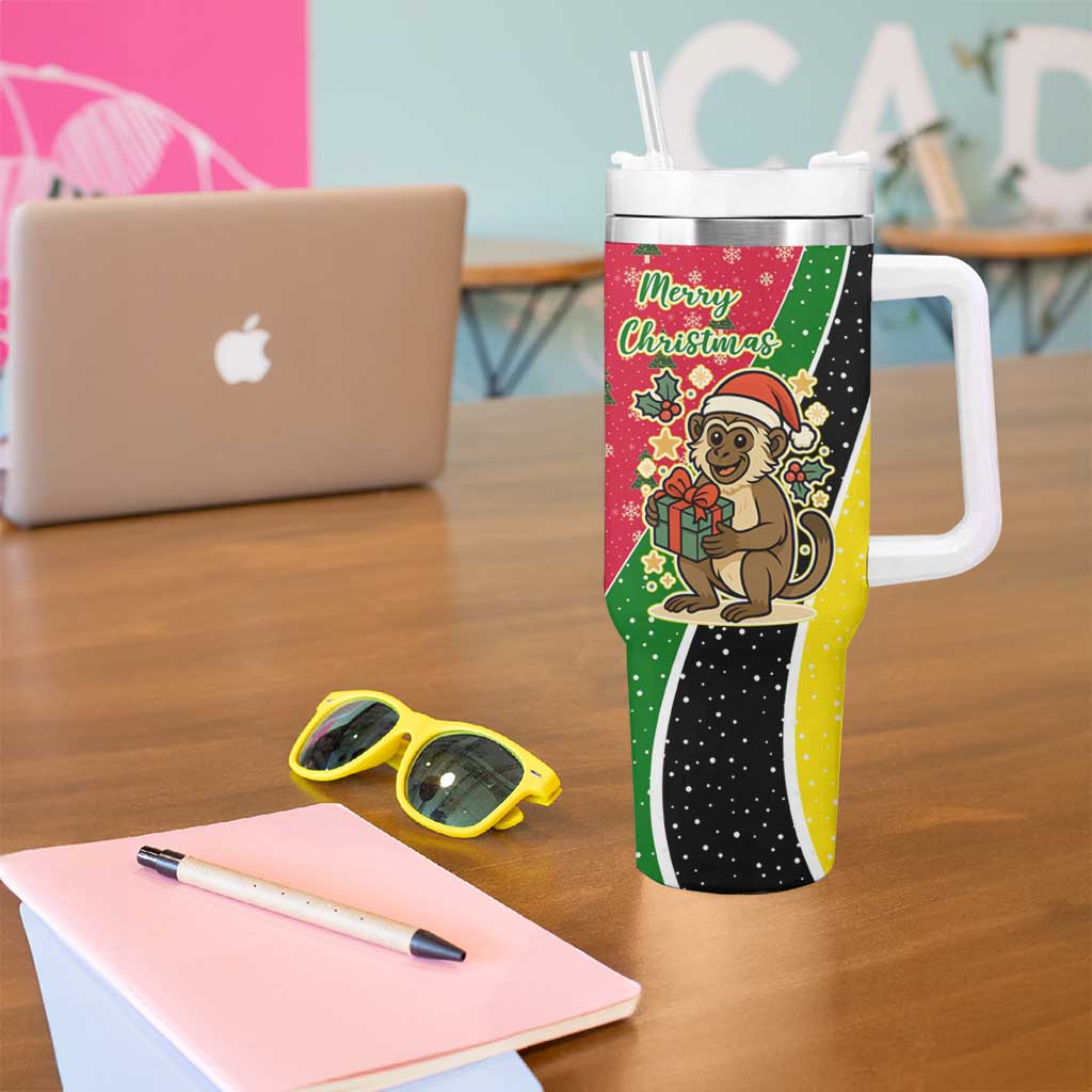 Saint Kitts and Nevis Christmas Tumbler With Handle with Red Green Black Xmas Monkey Gift and Coat of Arms - Wonder Print Shop