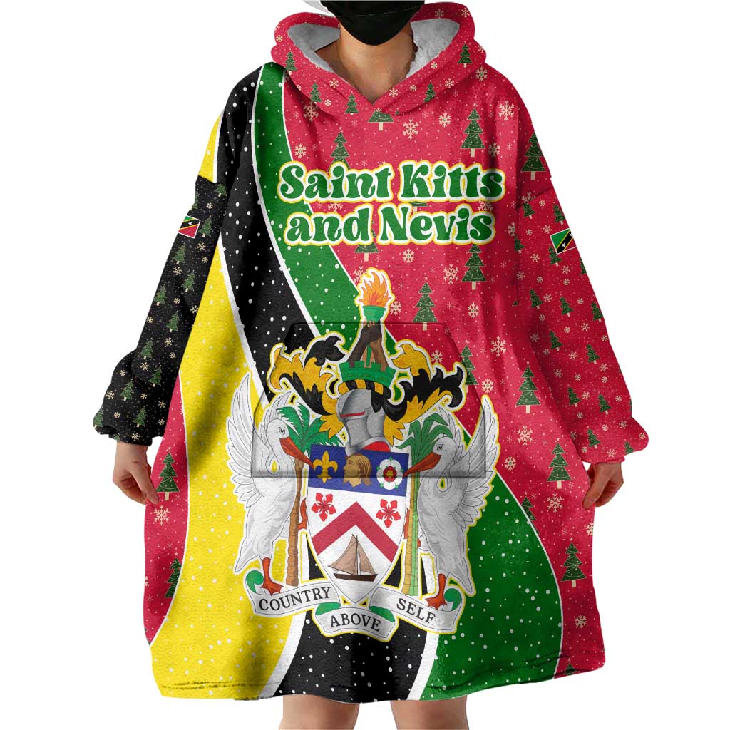 Saint Kitts and Nevis Christmas Wearable Blanket Hoodie with Red Green Black Xmas Monkey Gift and Coat of Arms - Wonder Print Shop