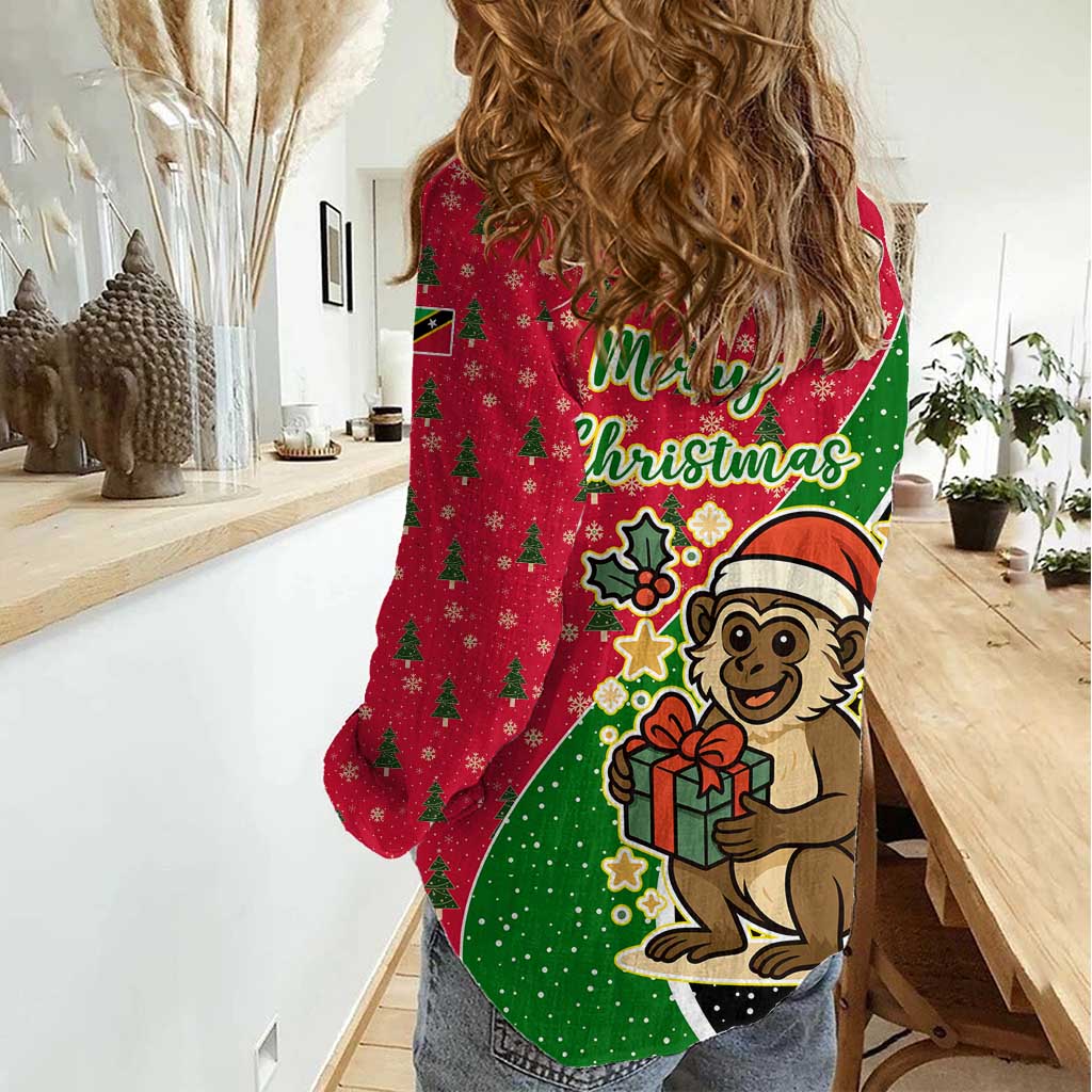 Saint Kitts and Nevis Christmas Women Casual Shirt with Red Green Black Xmas Monkey Gift and Coat of Arms - Wonder Print Shop