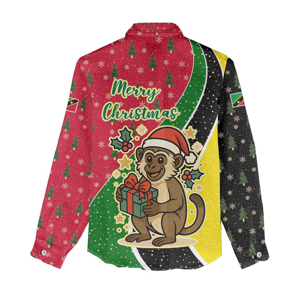 Saint Kitts and Nevis Christmas Women Casual Shirt with Red Green Black Xmas Monkey Gift and Coat of Arms - Wonder Print Shop