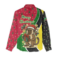 Saint Kitts and Nevis Christmas Women Casual Shirt with Red Green Black Xmas Monkey Gift and Coat of Arms - Wonder Print Shop