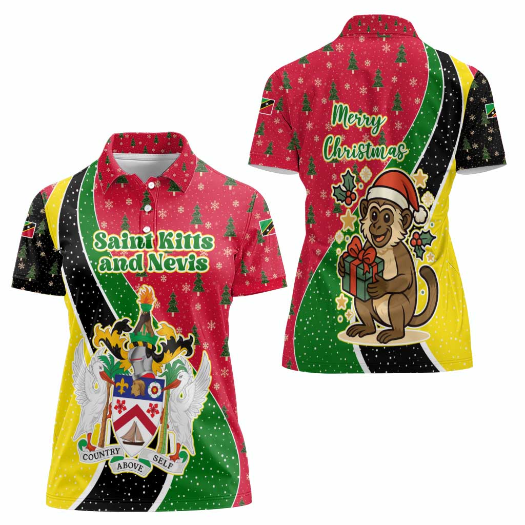Saint Kitts and Nevis Christmas Women Polo Shirt with Red Green Black Xmas Monkey Gift and Coat of Arms - Wonder Print Shop