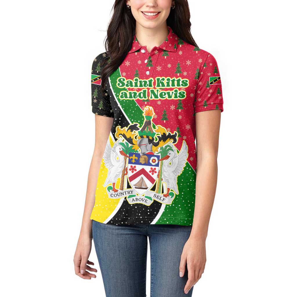 Saint Kitts and Nevis Christmas Women Polo Shirt with Red Green Black Xmas Monkey Gift and Coat of Arms - Wonder Print Shop