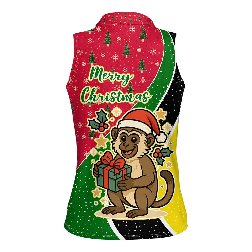 Saint Kitts and Nevis Christmas Women Sleeveless Polo Shirt with Red Green Black Xmas Monkey Gift and Coat of Arms - Wonder Print Shop