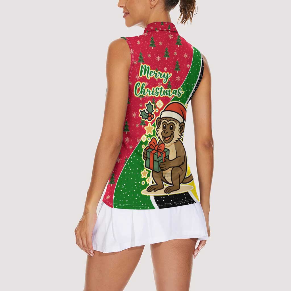 Saint Kitts and Nevis Christmas Women Sleeveless Polo Shirt with Red Green Black Xmas Monkey Gift and Coat of Arms - Wonder Print Shop