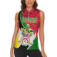 Saint Kitts and Nevis Christmas Women Sleeveless Polo Shirt with Red Green Black Xmas Monkey Gift and Coat of Arms - Wonder Print Shop