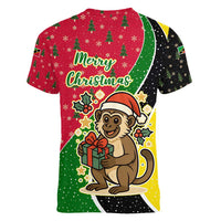 Saint Kitts and Nevis Christmas Women V-Neck T-Shirt with Red Green Black Xmas Monkey Gift and Coat of Arms - Wonder Print Shop