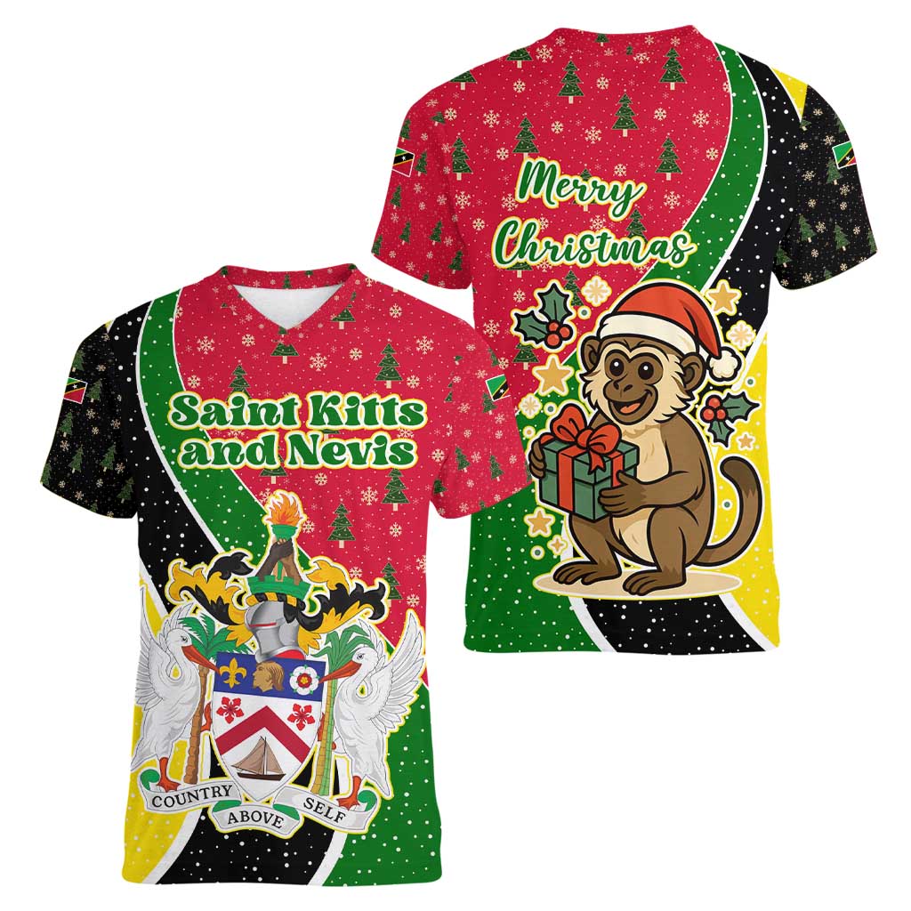Saint Kitts and Nevis Christmas Women V-Neck T-Shirt with Red Green Black Xmas Monkey Gift and Coat of Arms - Wonder Print Shop
