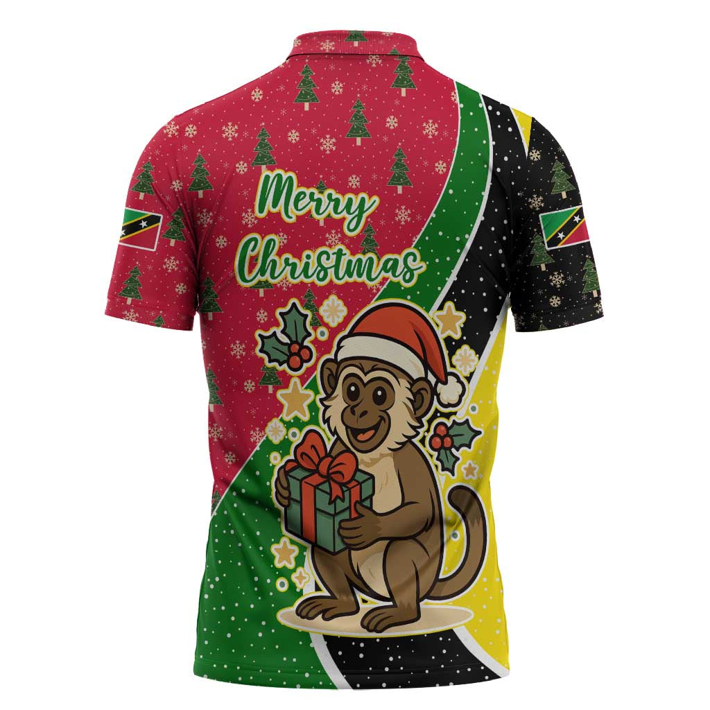 Saint Kitts and Nevis Christmas Zipper Polo Shirt with Red Green Black Xmas Monkey Gift and Coat of Arms - Wonder Print Shop