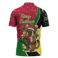 Saint Kitts and Nevis Christmas Zipper Polo Shirt with Red Green Black Xmas Monkey Gift and Coat of Arms - Wonder Print Shop