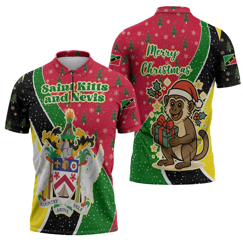 Saint Kitts and Nevis Christmas Zipper Polo Shirt with Red Green Black Xmas Monkey Gift and Coat of Arms - Wonder Print Shop