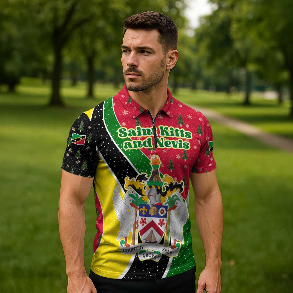 Saint Kitts and Nevis Christmas Zipper Polo Shirt with Red Green Black Xmas Monkey Gift and Coat of Arms - Wonder Print Shop