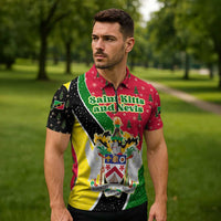 Saint Kitts and Nevis Christmas Zipper Polo Shirt with Red Green Black Xmas Monkey Gift and Coat of Arms - Wonder Print Shop