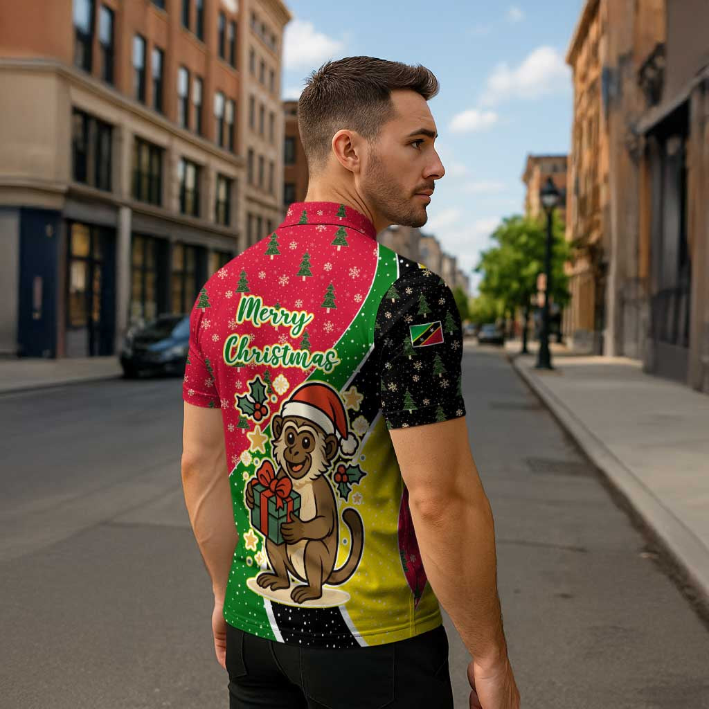 Saint Kitts and Nevis Christmas Zipper Polo Shirt with Red Green Black Xmas Monkey Gift and Coat of Arms - Wonder Print Shop