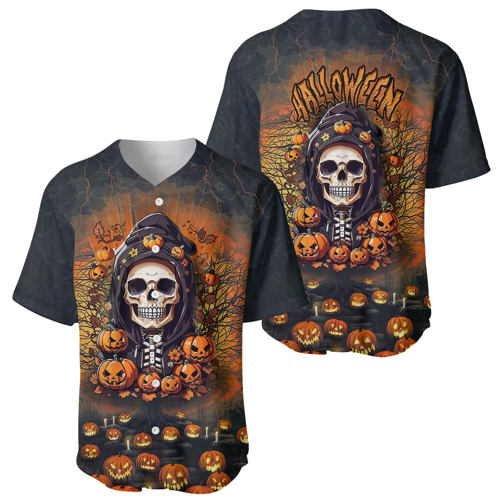 Halloween Skull Baseball Jersey Pumpkin-Themed - Wonder Print Shop