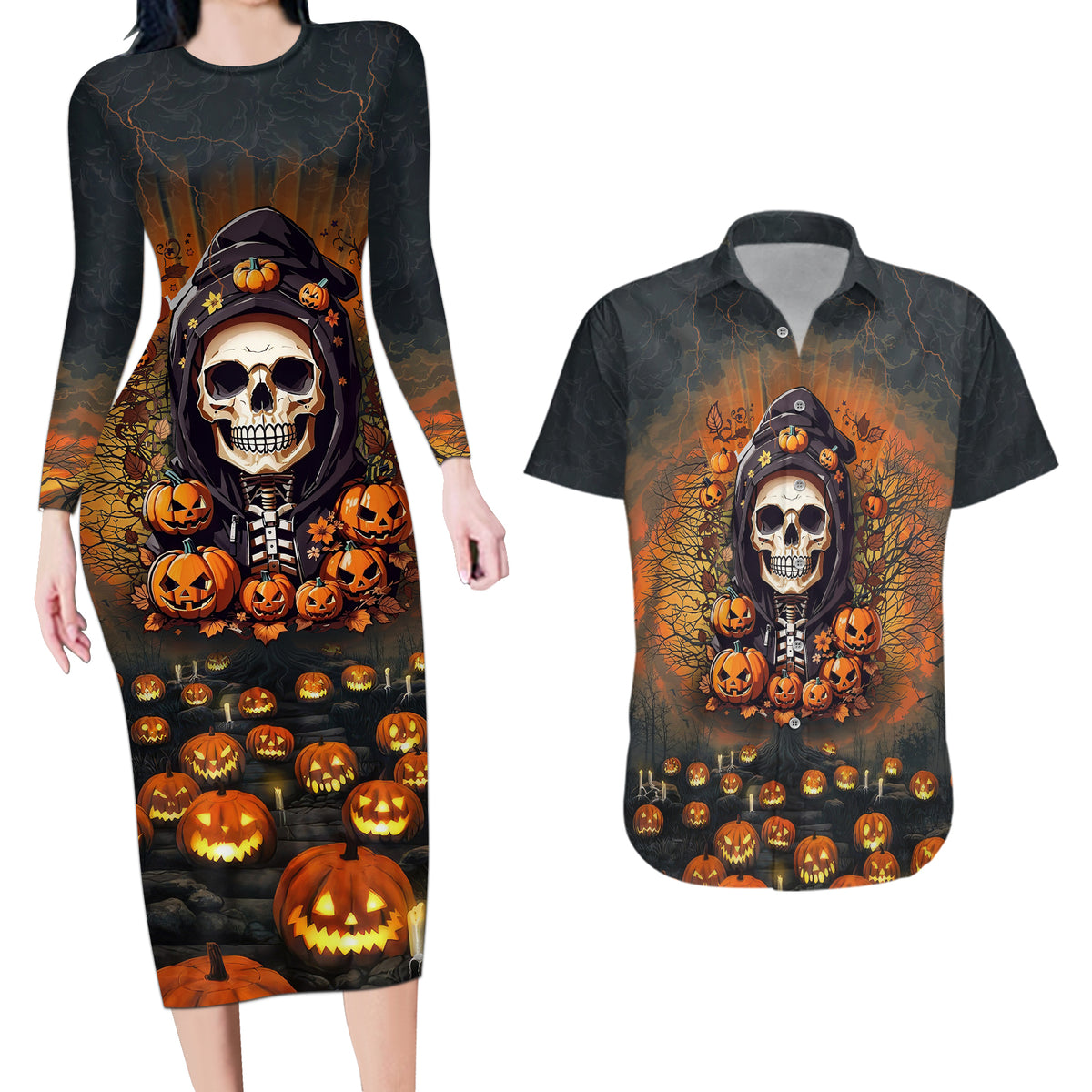 Halloween Skull Couples Matching Long Sleeve Bodycon Dress and Hawaiian Shirt Pumpkin-Themed - Wonder Print Shop