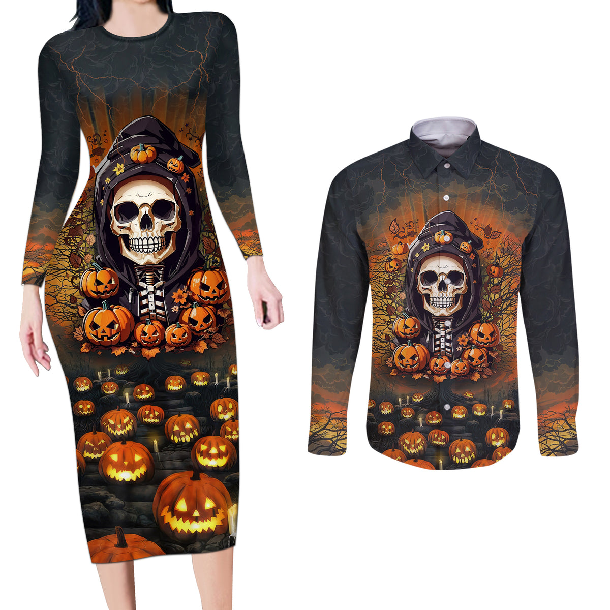 Halloween Skull Couples Matching Long Sleeve Bodycon Dress and Long Sleeve Button Shirts Pumpkin-Themed - Wonder Print Shop