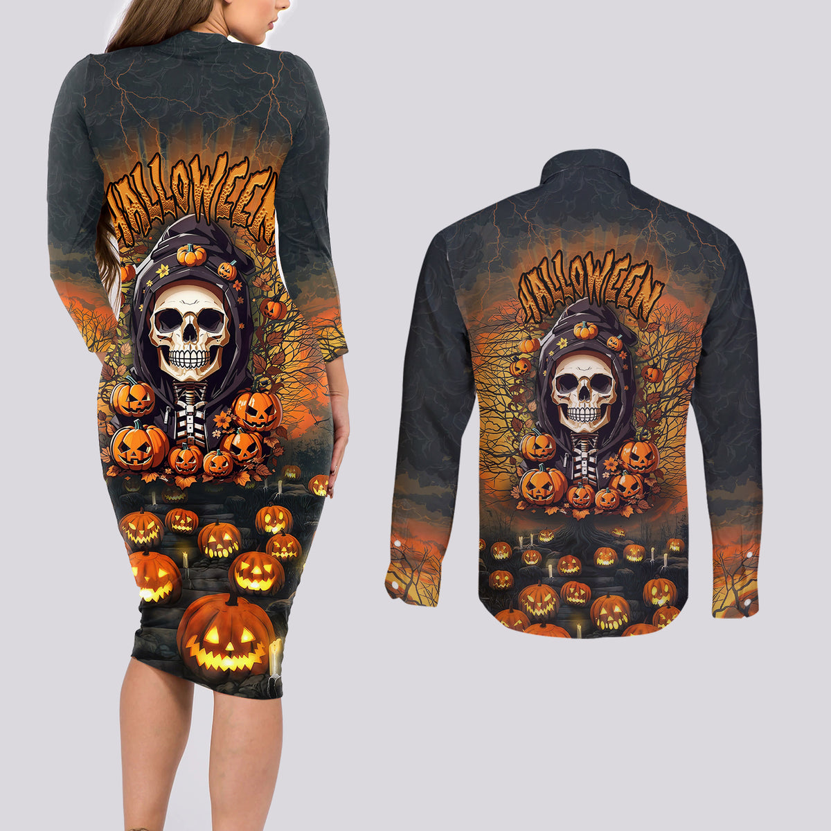 Halloween Skull Couples Matching Long Sleeve Bodycon Dress and Long Sleeve Button Shirts Pumpkin-Themed - Wonder Print Shop