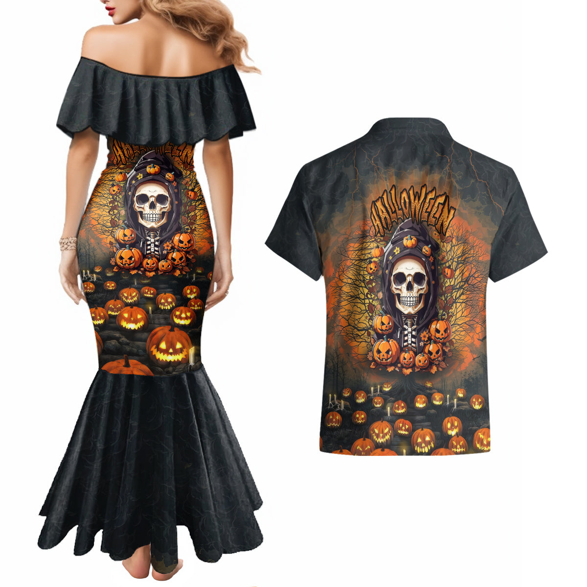 Halloween Skull Couples Matching Mermaid Dress and Hawaiian Shirt Pumpkin-Themed - Wonder Print Shop
