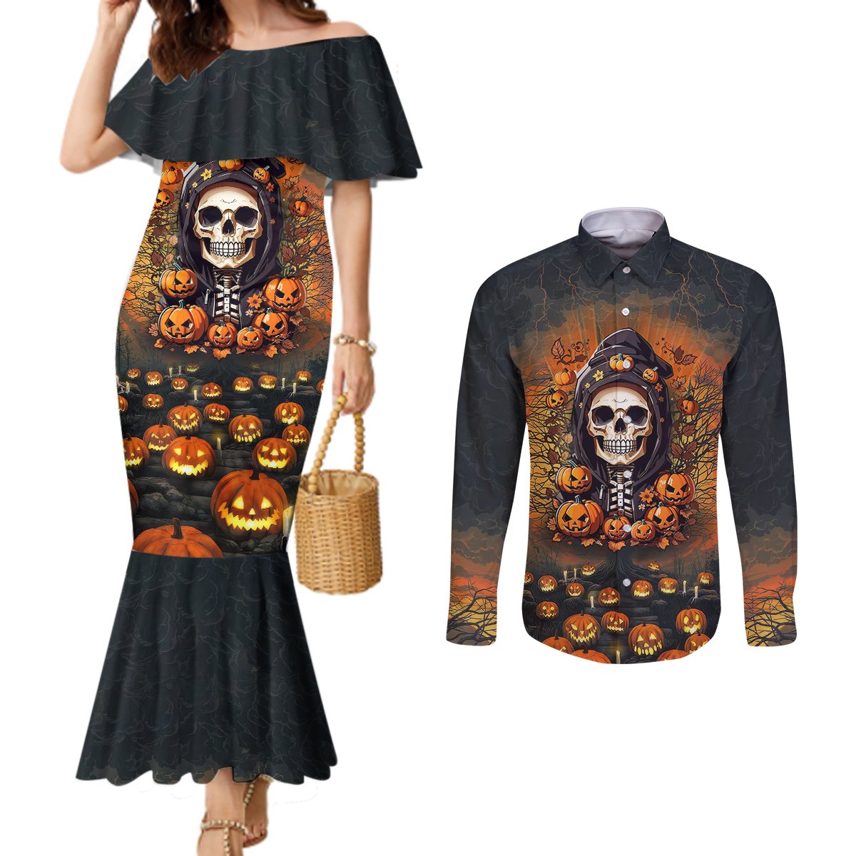 halloween-skull-couples-matching-mermaid-dress-and-long-sleeve-button-shirts-pumpkin-themed