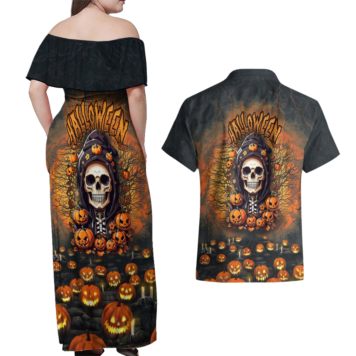 Halloween Skull Couples Matching Off Shoulder Maxi Dress and Hawaiian Shirt Pumpkin-Themed - Wonder Print Shop
