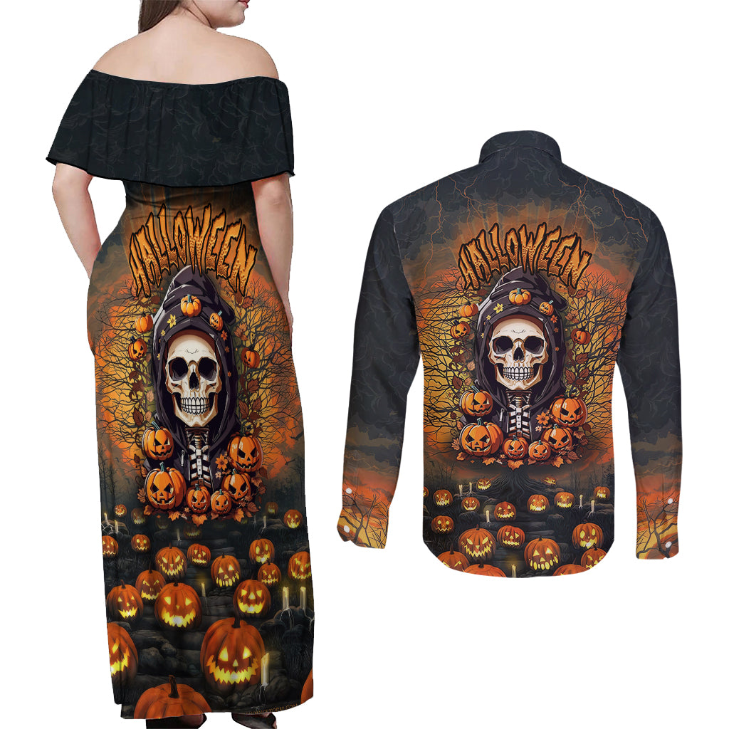 Halloween Skull Couples Matching Off Shoulder Maxi Dress and Long Sleeve Button Shirts Pumpkin-Themed - Wonder Print Shop