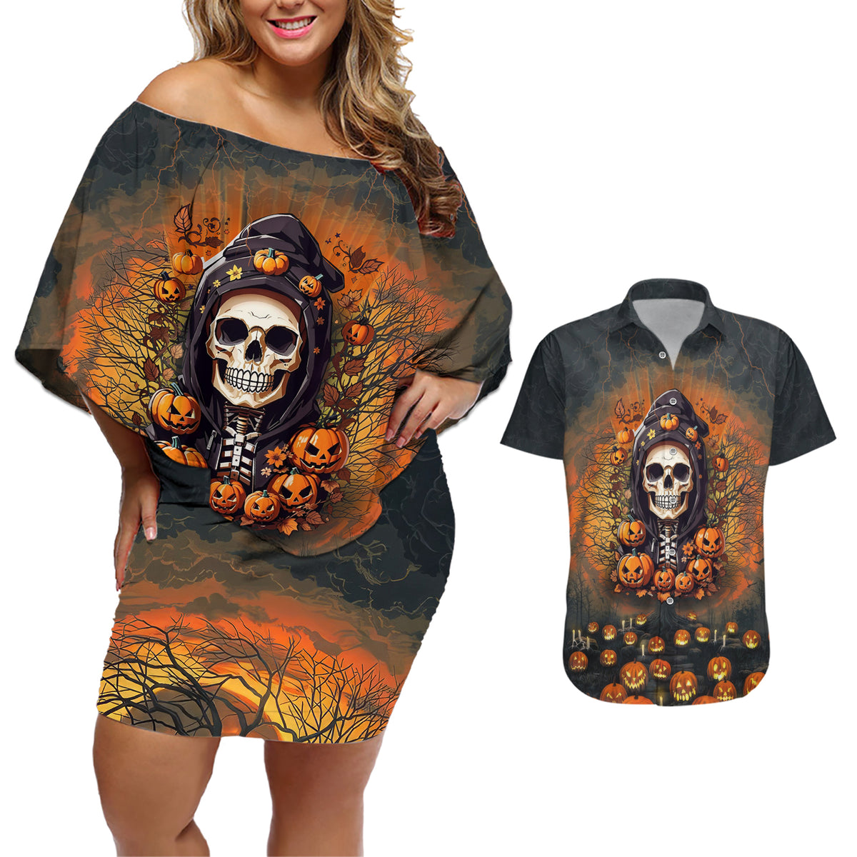 Halloween Skull Couples Matching Off Shoulder Short Dress and Hawaiian Shirt Pumpkin-Themed - Wonder Print Shop