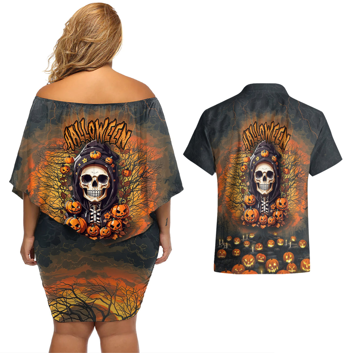 Halloween Skull Couples Matching Off Shoulder Short Dress and Hawaiian Shirt Pumpkin-Themed - Wonder Print Shop
