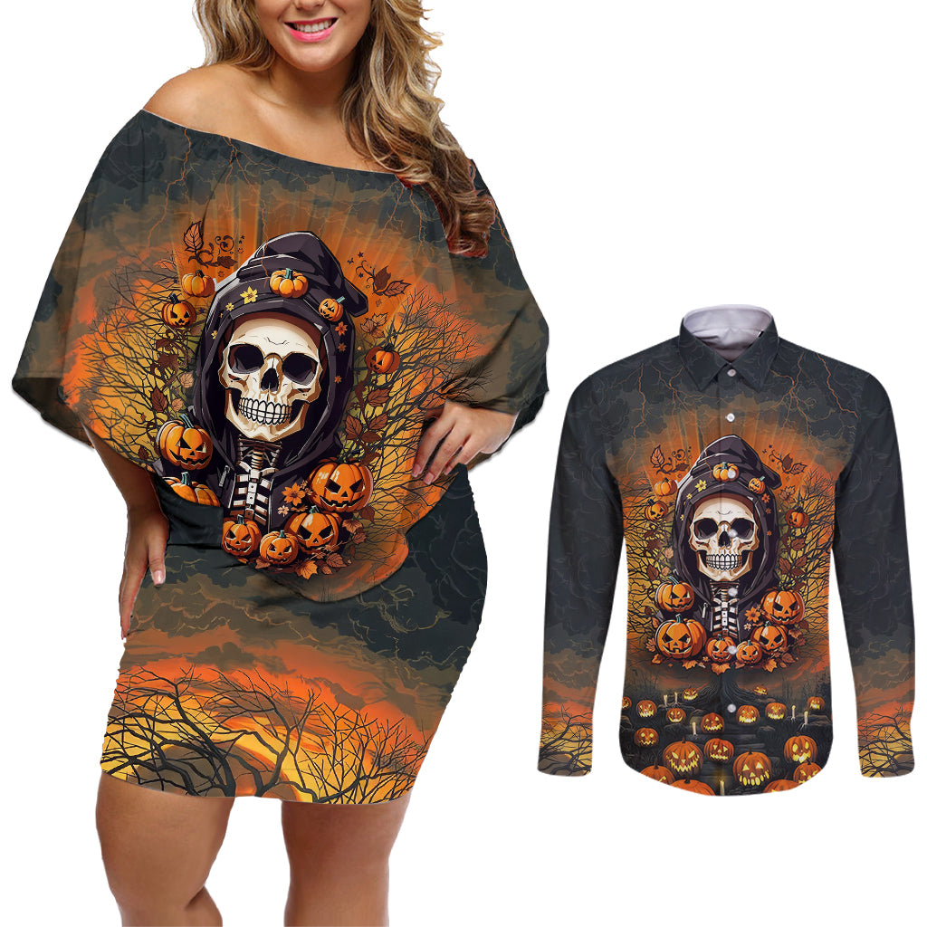 Halloween Skull Couples Matching Off Shoulder Short Dress and Long Sleeve Button Shirts Pumpkin-Themed - Wonder Print Shop