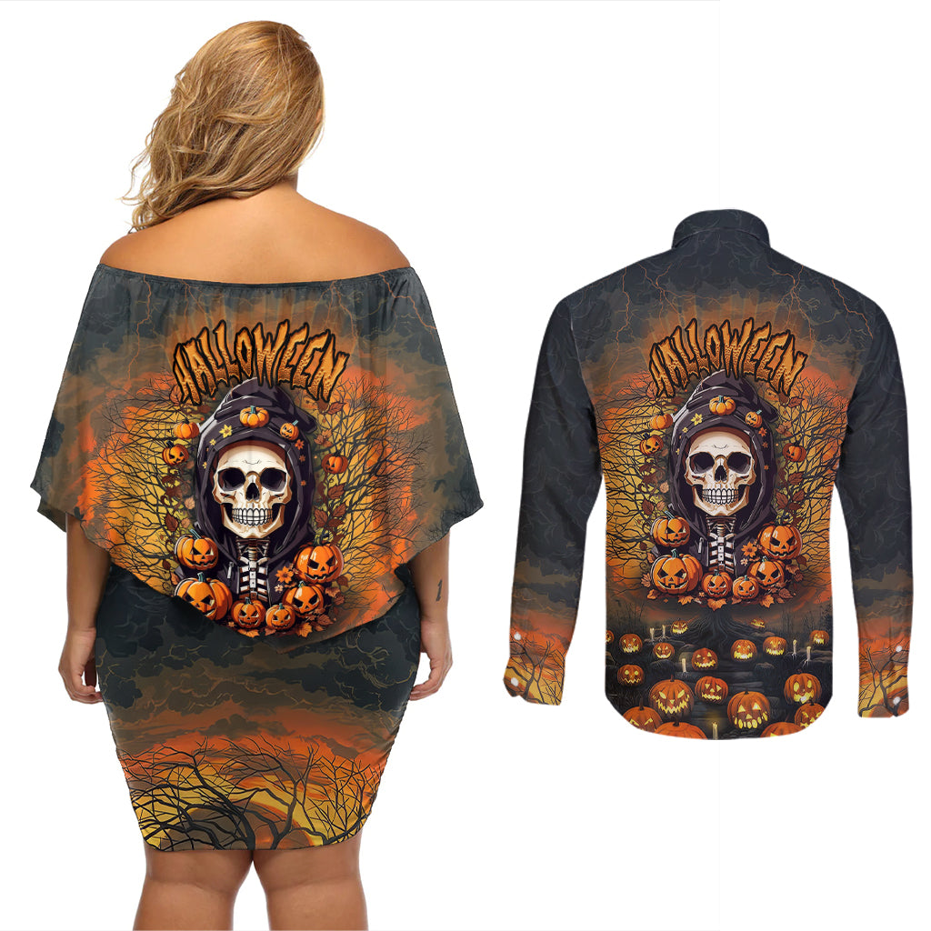 Halloween Skull Couples Matching Off Shoulder Short Dress and Long Sleeve Button Shirts Pumpkin-Themed - Wonder Print Shop