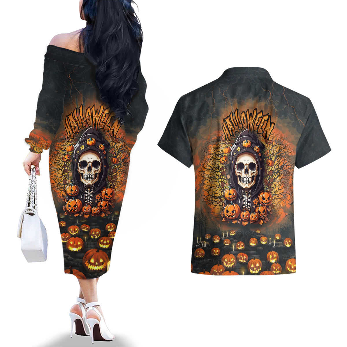 Halloween Skull Couples Matching Off The Shoulder Long Sleeve Dress and Hawaiian Shirt Pumpkin-Themed - Wonder Print Shop
