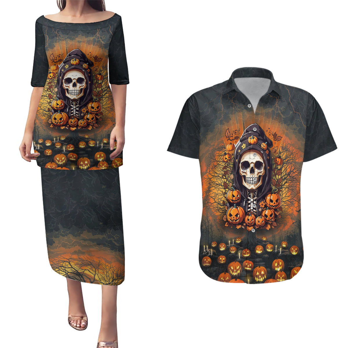 Halloween Skull Couples Matching Puletasi Dress and Hawaiian Shirt Pumpkin-Themed - Wonder Print Shop