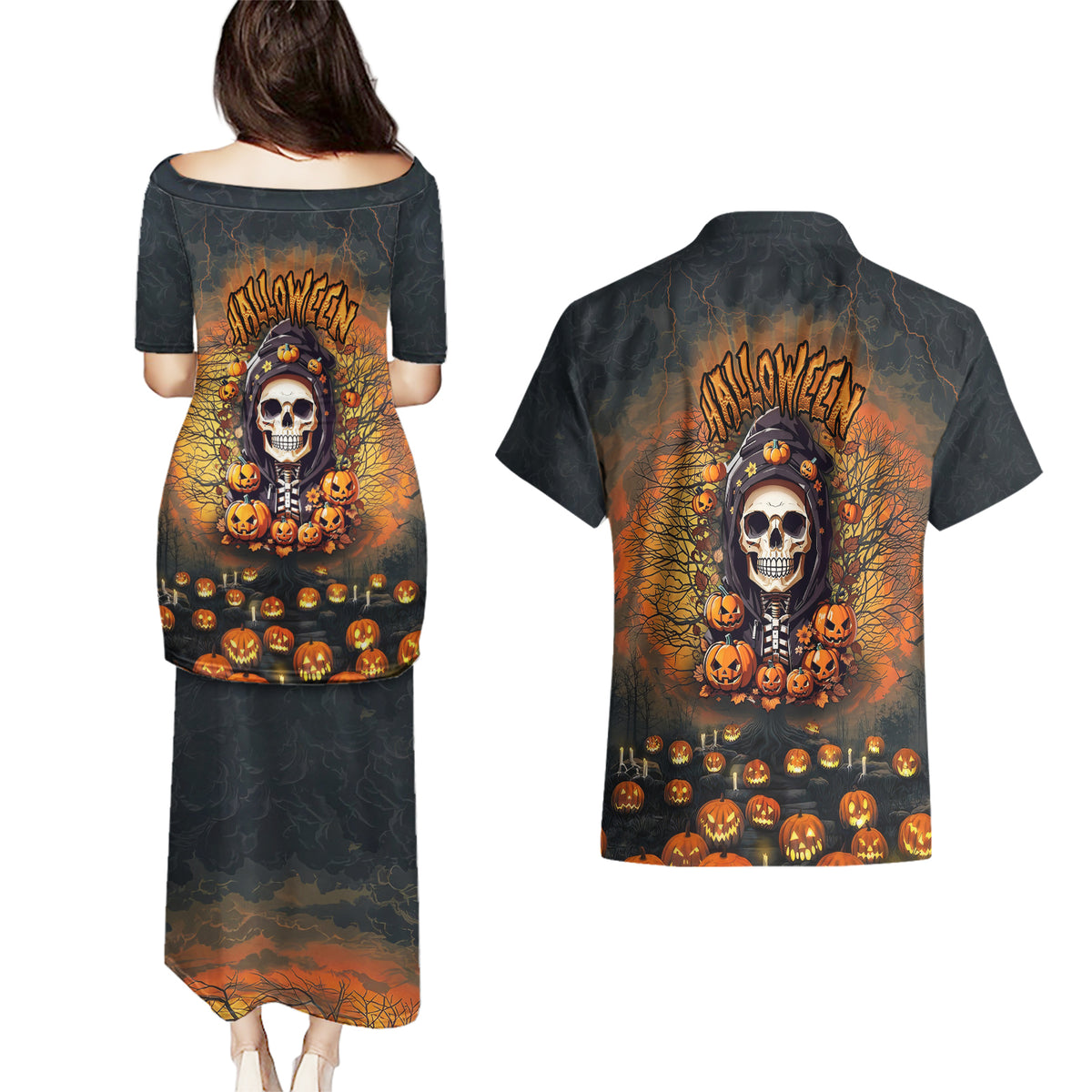 Halloween Skull Couples Matching Puletasi Dress and Hawaiian Shirt Pumpkin-Themed - Wonder Print Shop