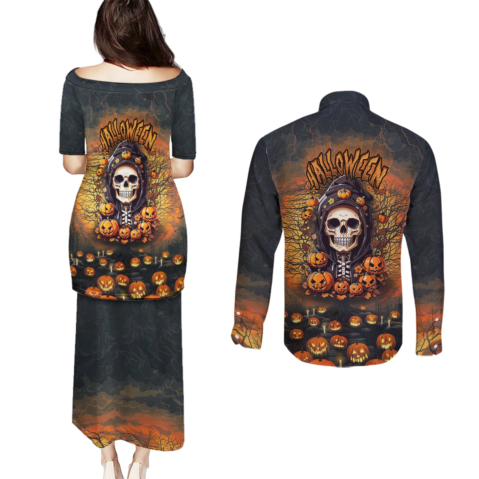 Halloween Skull Couples Matching Puletasi Dress and Long Sleeve Button Shirts Pumpkin-Themed - Wonder Print Shop