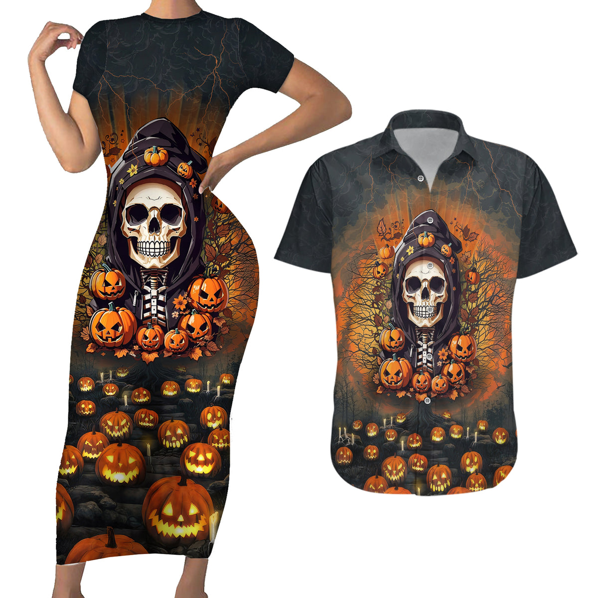 Halloween Skull Couples Matching Short Sleeve Bodycon Dress and Hawaiian Shirt Pumpkin-Themed - Wonder Print Shop