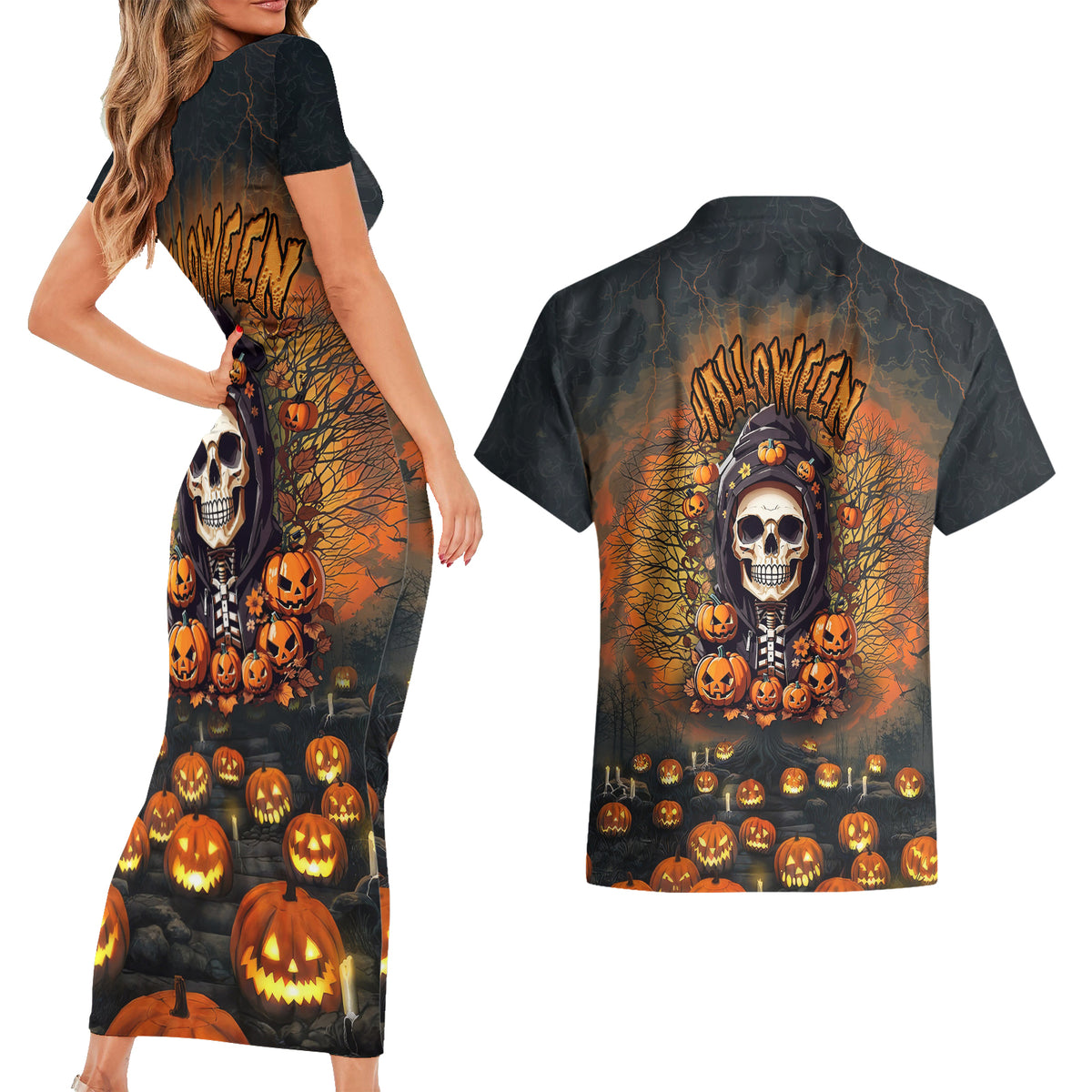Halloween Skull Couples Matching Short Sleeve Bodycon Dress and Hawaiian Shirt Pumpkin-Themed - Wonder Print Shop