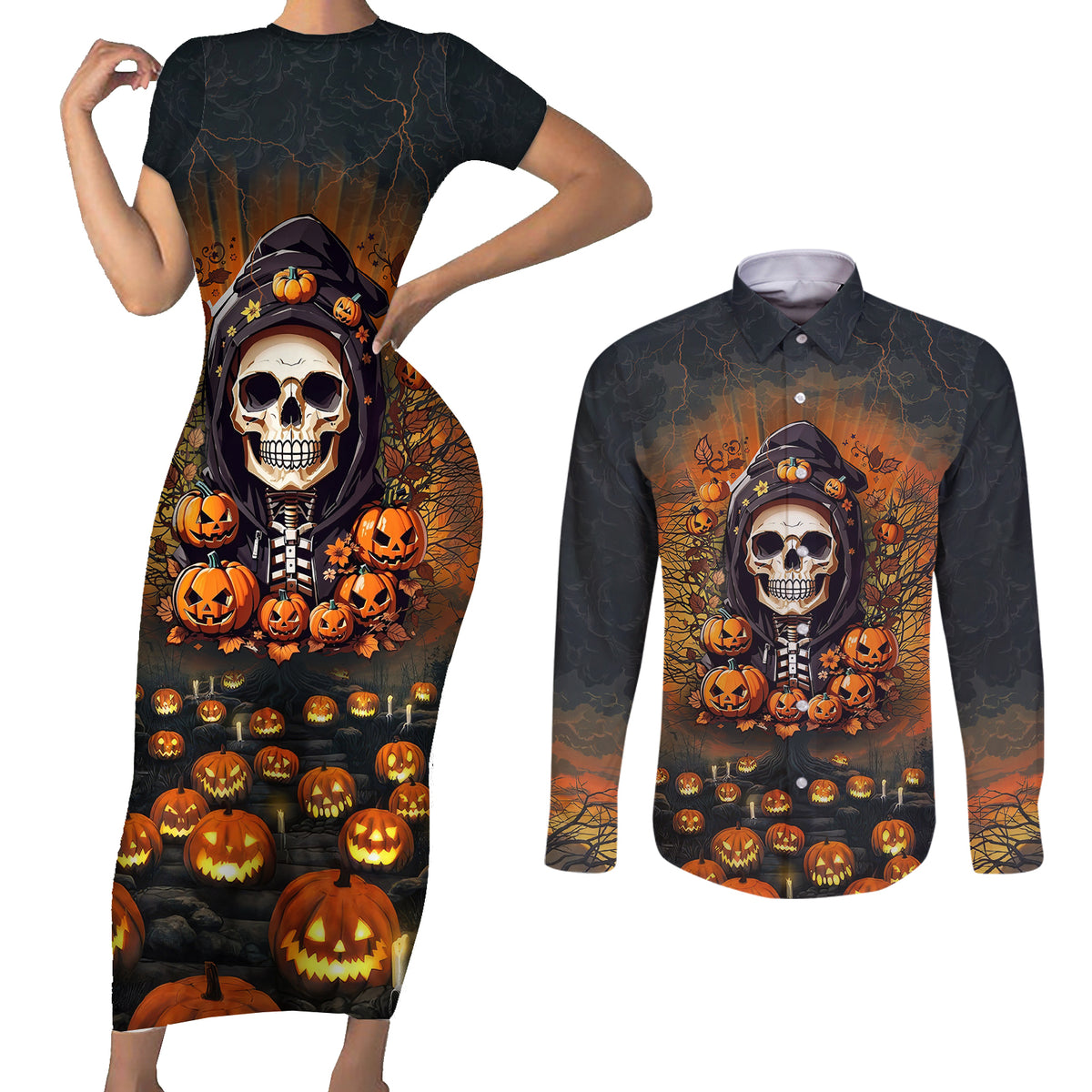 Halloween Skull Couples Matching Short Sleeve Bodycon Dress and Long Sleeve Button Shirts Pumpkin-Themed - Wonder Print Shop