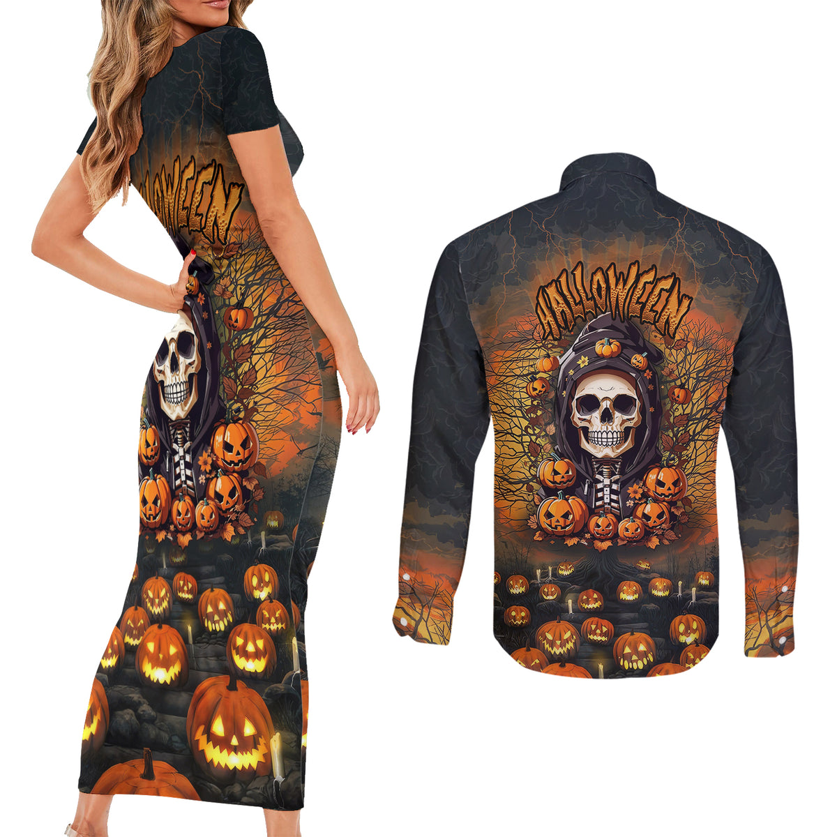 Halloween Skull Couples Matching Short Sleeve Bodycon Dress and Long Sleeve Button Shirts Pumpkin-Themed - Wonder Print Shop