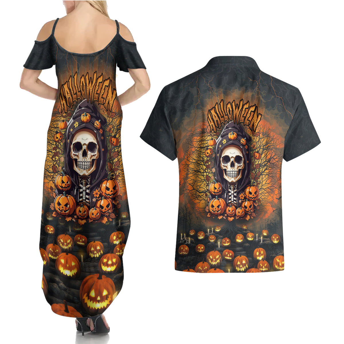 Halloween Skull Couples Matching Summer Maxi Dress and Hawaiian Shirt Pumpkin-Themed - Wonder Print Shop