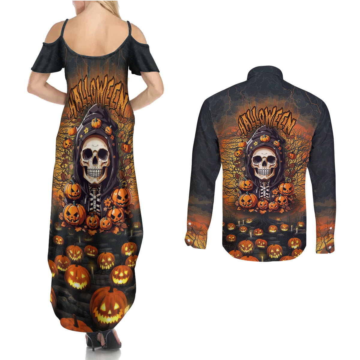 Halloween Skull Couples Matching Summer Maxi Dress and Long Sleeve Button Shirts Pumpkin-Themed - Wonder Print Shop