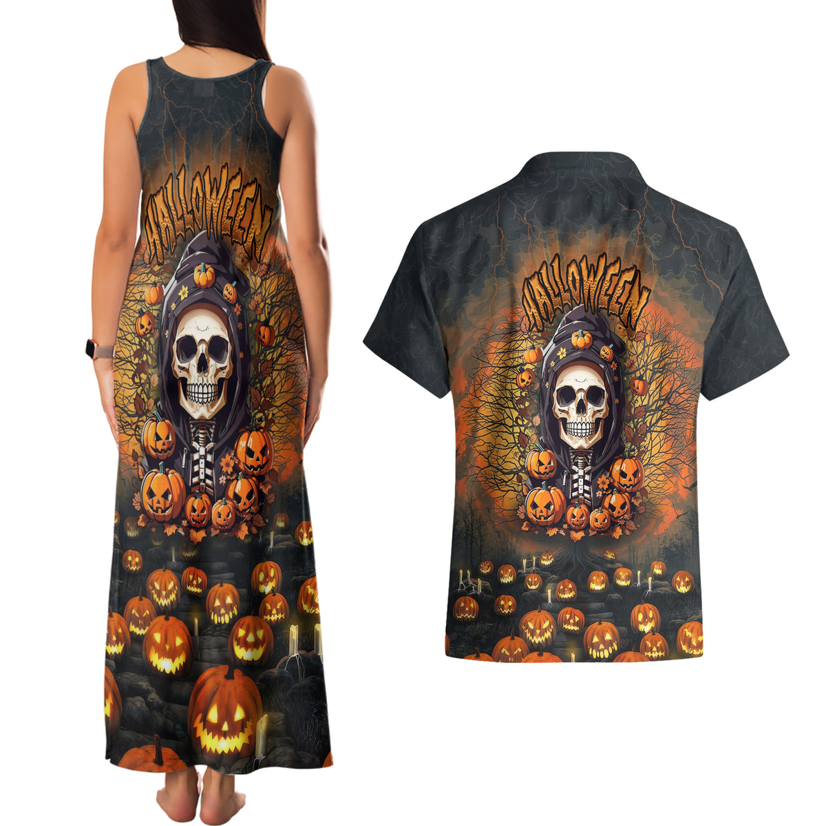 Halloween Skull Couples Matching Tank Maxi Dress and Hawaiian Shirt Pumpkin-Themed - Wonder Print Shop