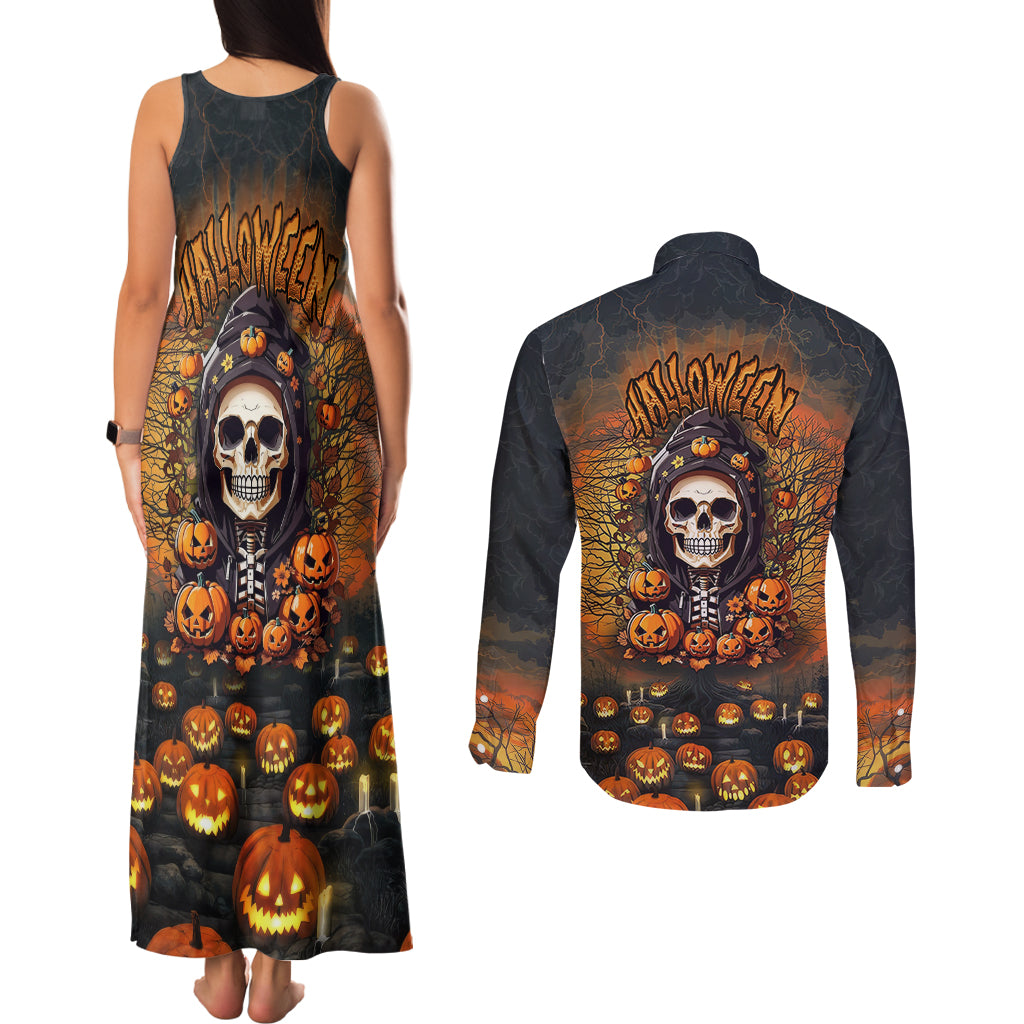 Halloween Skull Couples Matching Tank Maxi Dress and Long Sleeve Button Shirts Pumpkin-Themed - Wonder Print Shop
