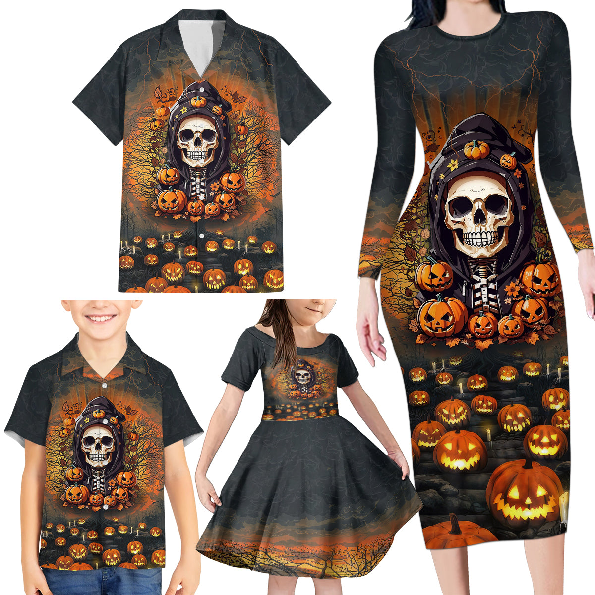 Halloween Skull Family Matching Long Sleeve Bodycon Dress and Hawaiian Shirt Pumpkin-Themed - Wonder Print Shop