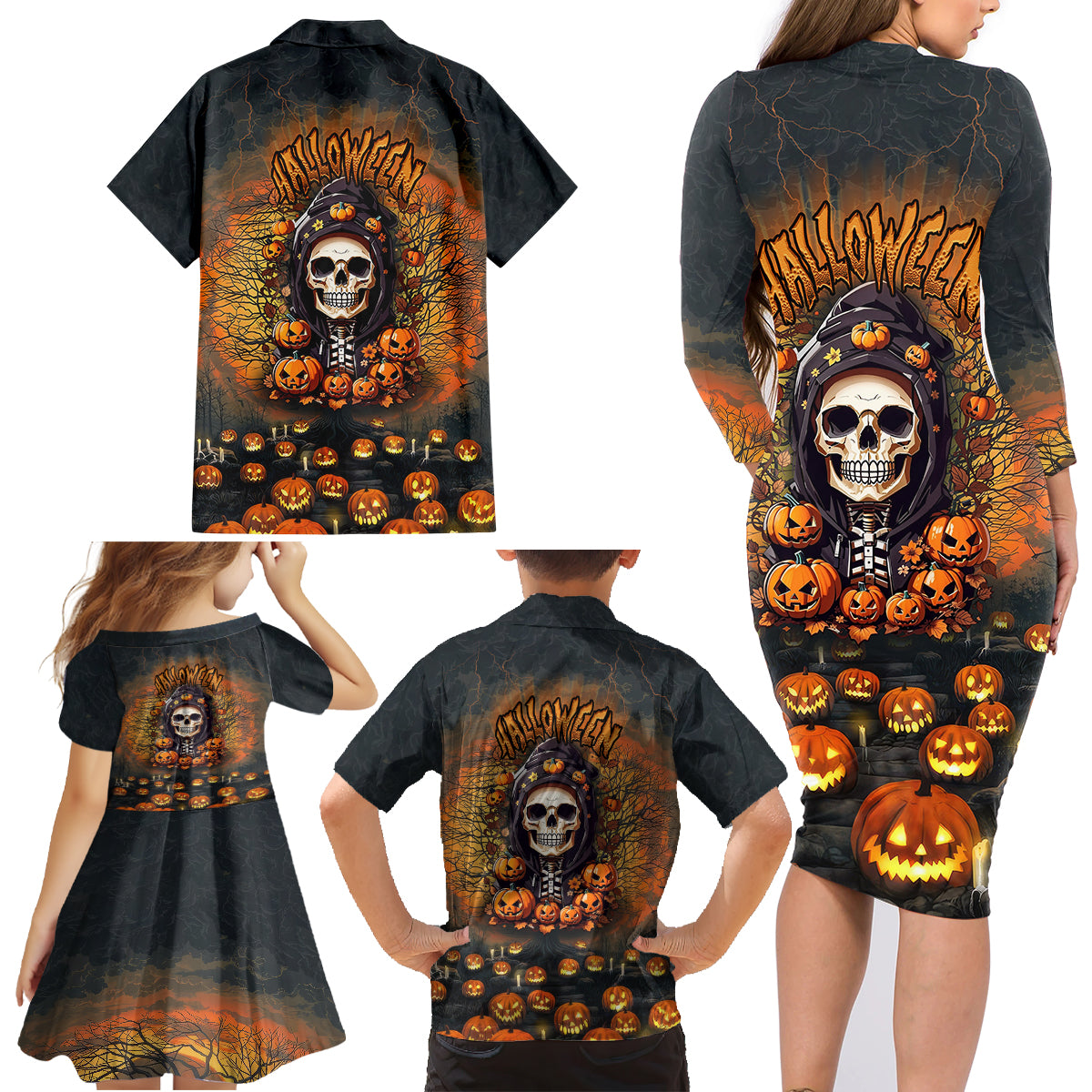 Halloween Skull Family Matching Long Sleeve Bodycon Dress and Hawaiian Shirt Pumpkin-Themed - Wonder Print Shop